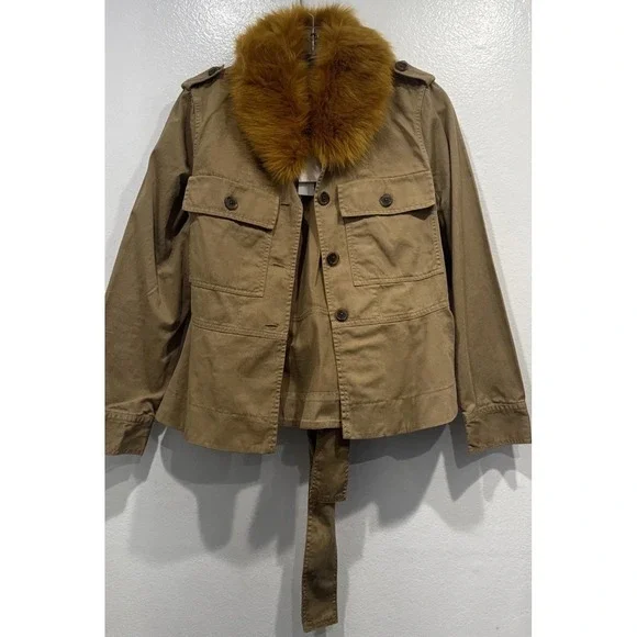 J Crew Peplum Chino Jacket Faux Fur Collar Ridge Khaki Style# H1641 Belted Funky - Picture 2 of 10